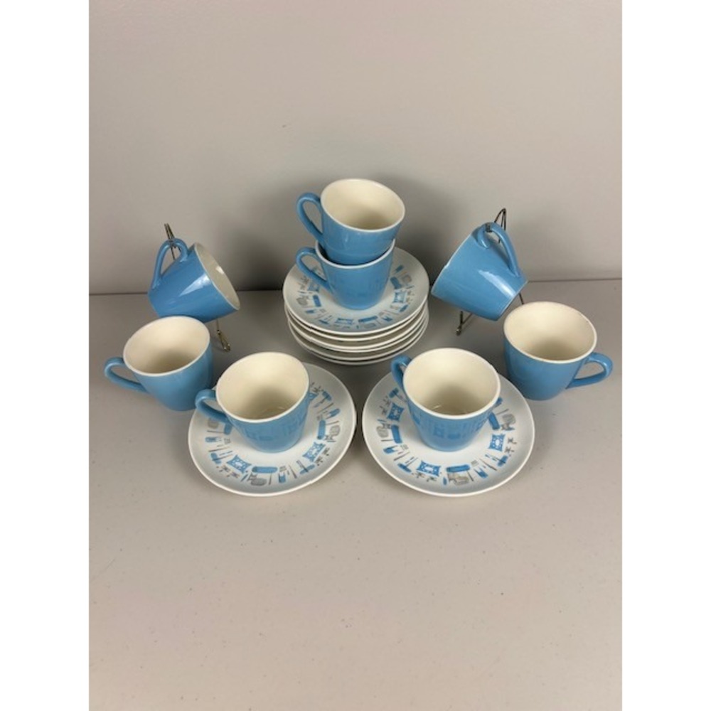 Vintage Mid Century Modern Atomic Kitchen Blue Tea Coffee Cup Saucer Set of Two - Picture 5 of 9